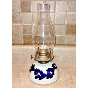 Vintage Pottery Oil Lamp Blue / White Hurricane Primitive Signed By Artist